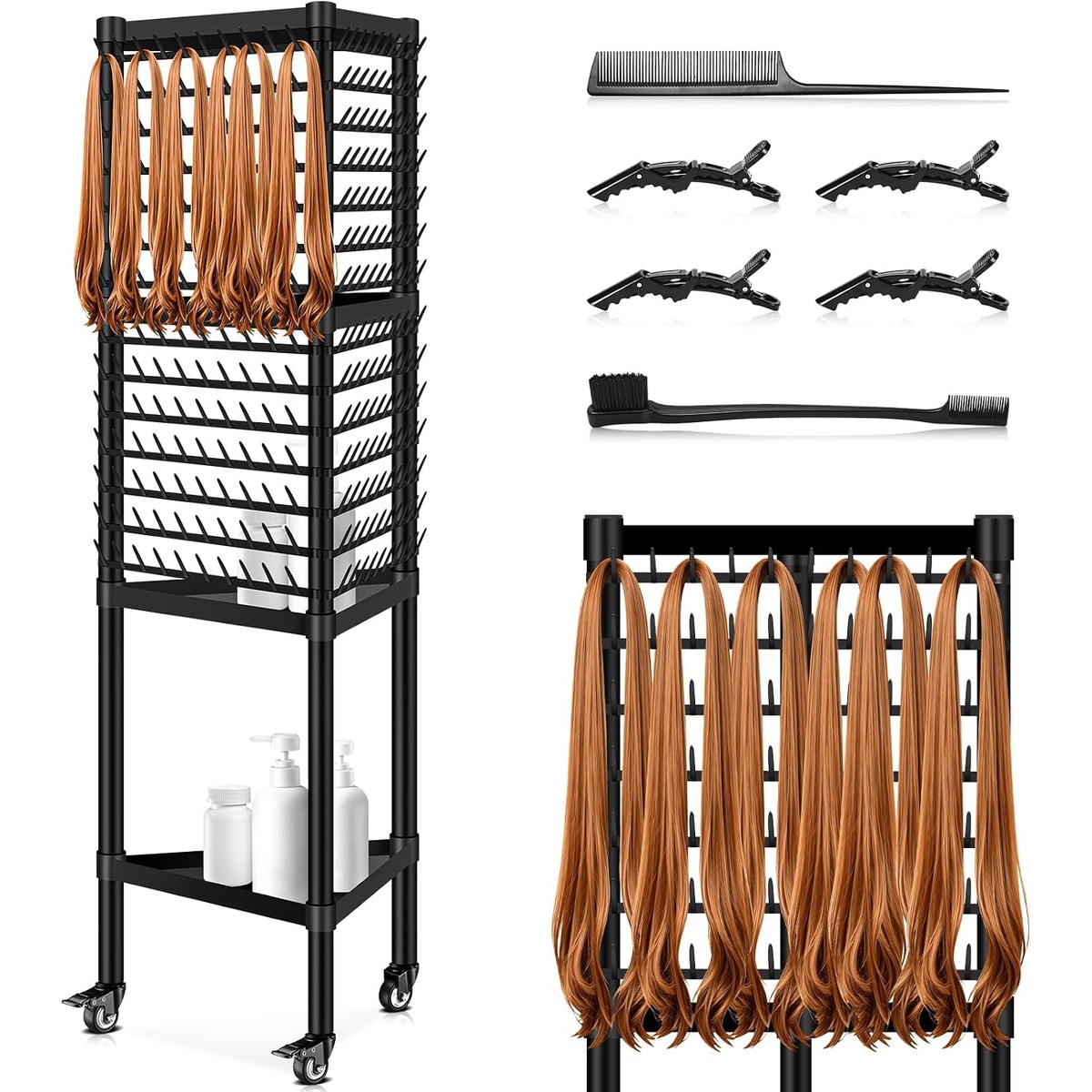 Braiding Hair Rack, 420 Pegs 3-Side Rotating Black – in use / lifestyle view