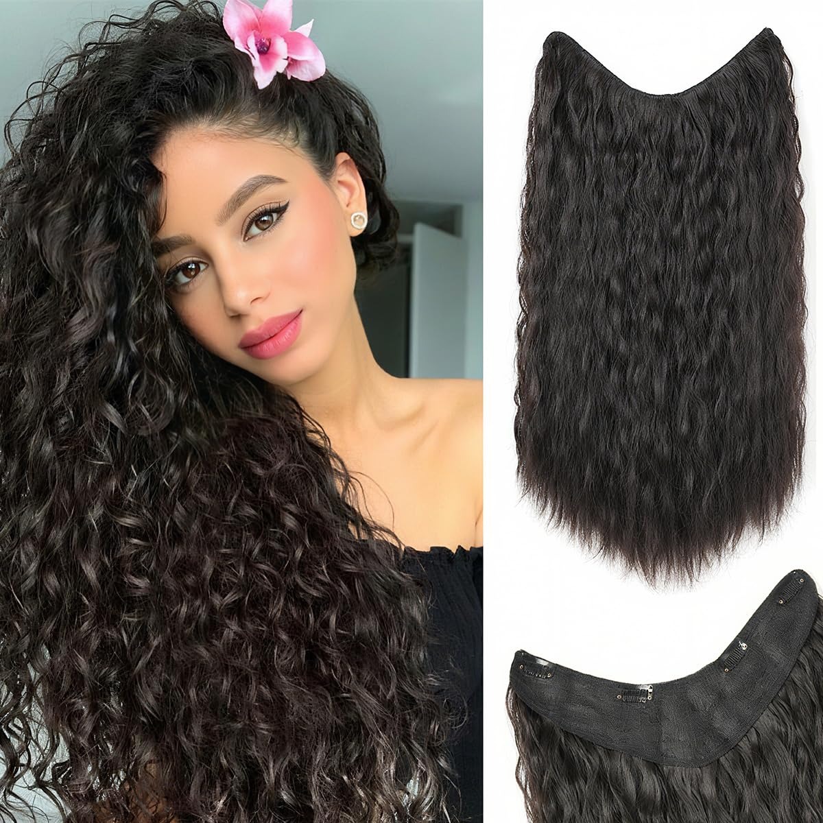 Curly One Piece Clip In Hair Extensions, 20 Inch – in use / lifestyle view