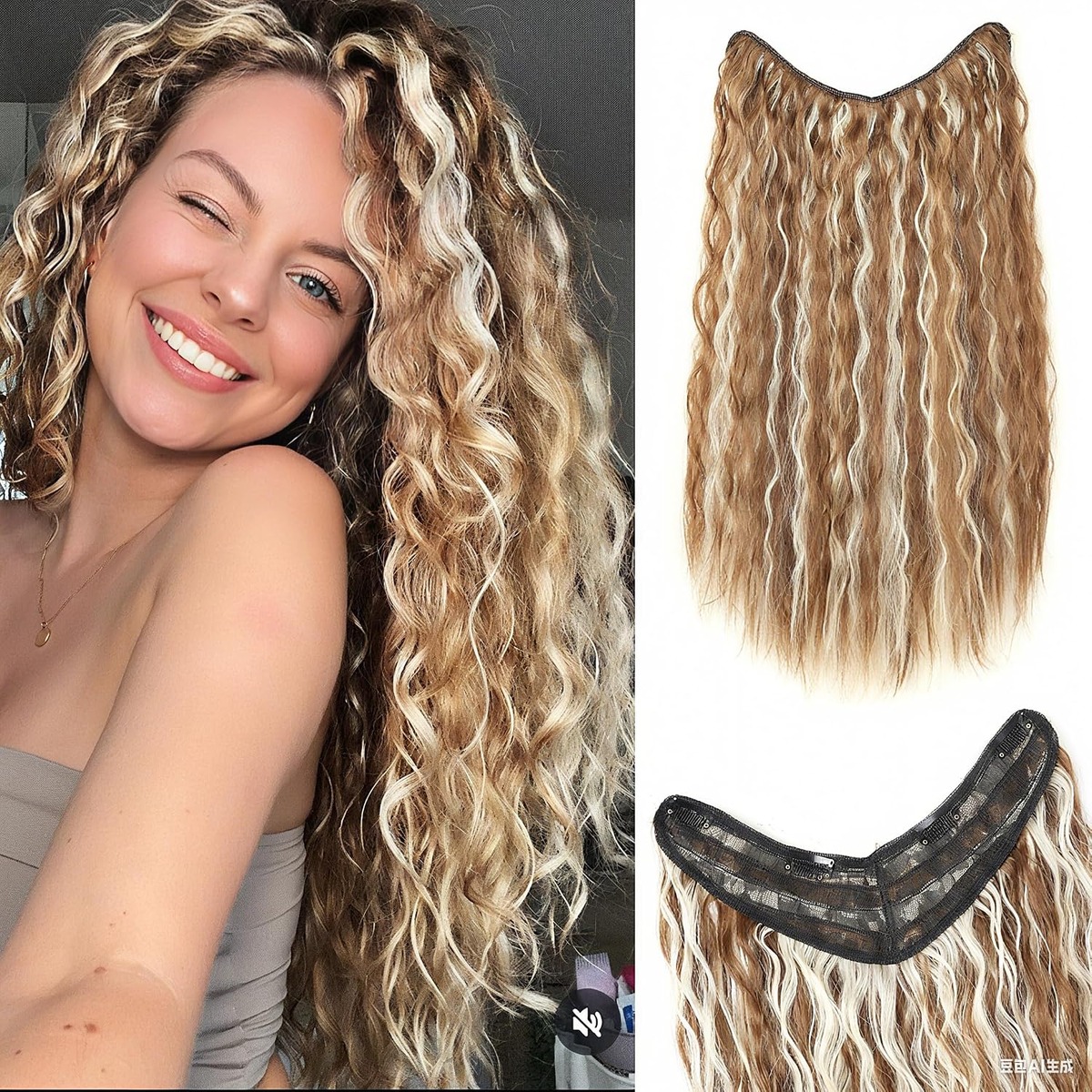 Curly One Piece Clip In Hair Extensions, 20 Inch – additional product view