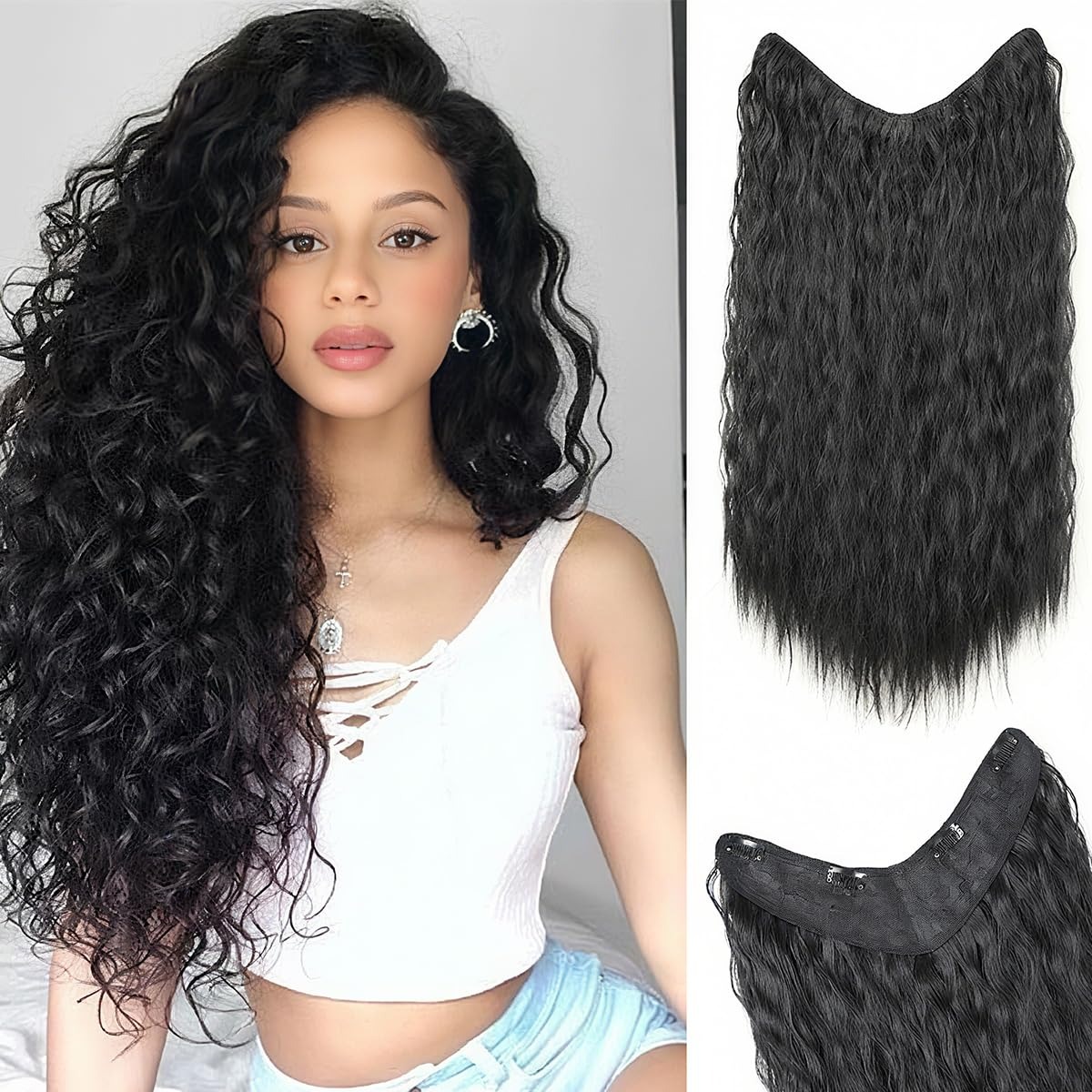 Curly One Piece Clip In Hair Extensions, 20 Inch – product detail close-up