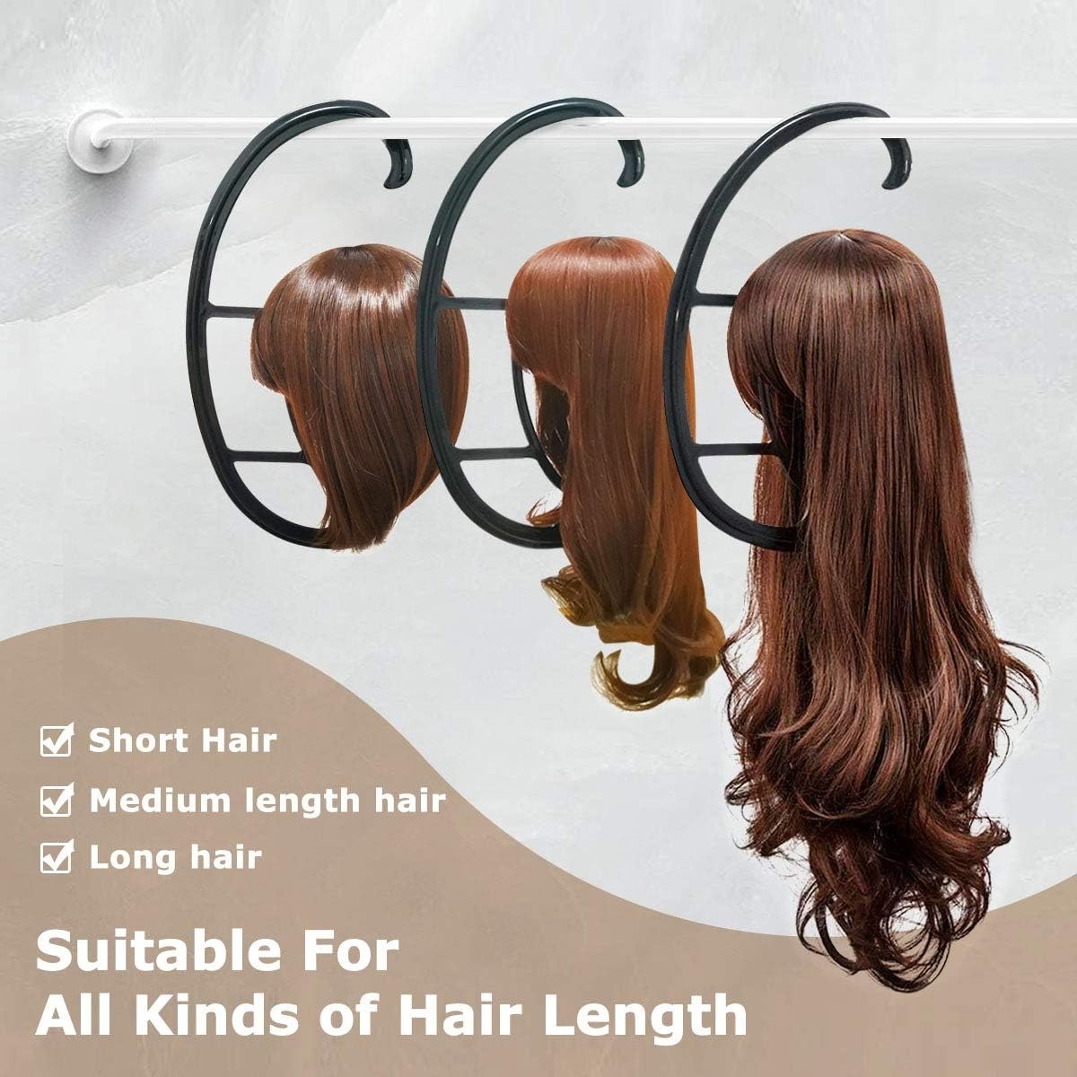 Hanging Wig Stand for Air Drying, Space Saving, 4 Sets – in use / lifestyle view