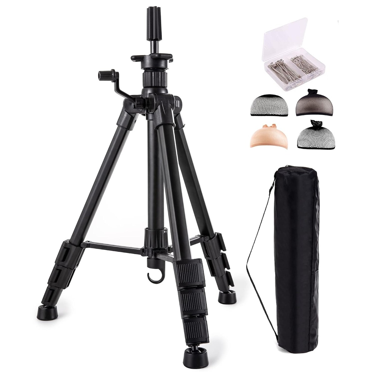 Heavy Duty Wig Stand, Black Tripod, Adjustable Height – in use / lifestyle view