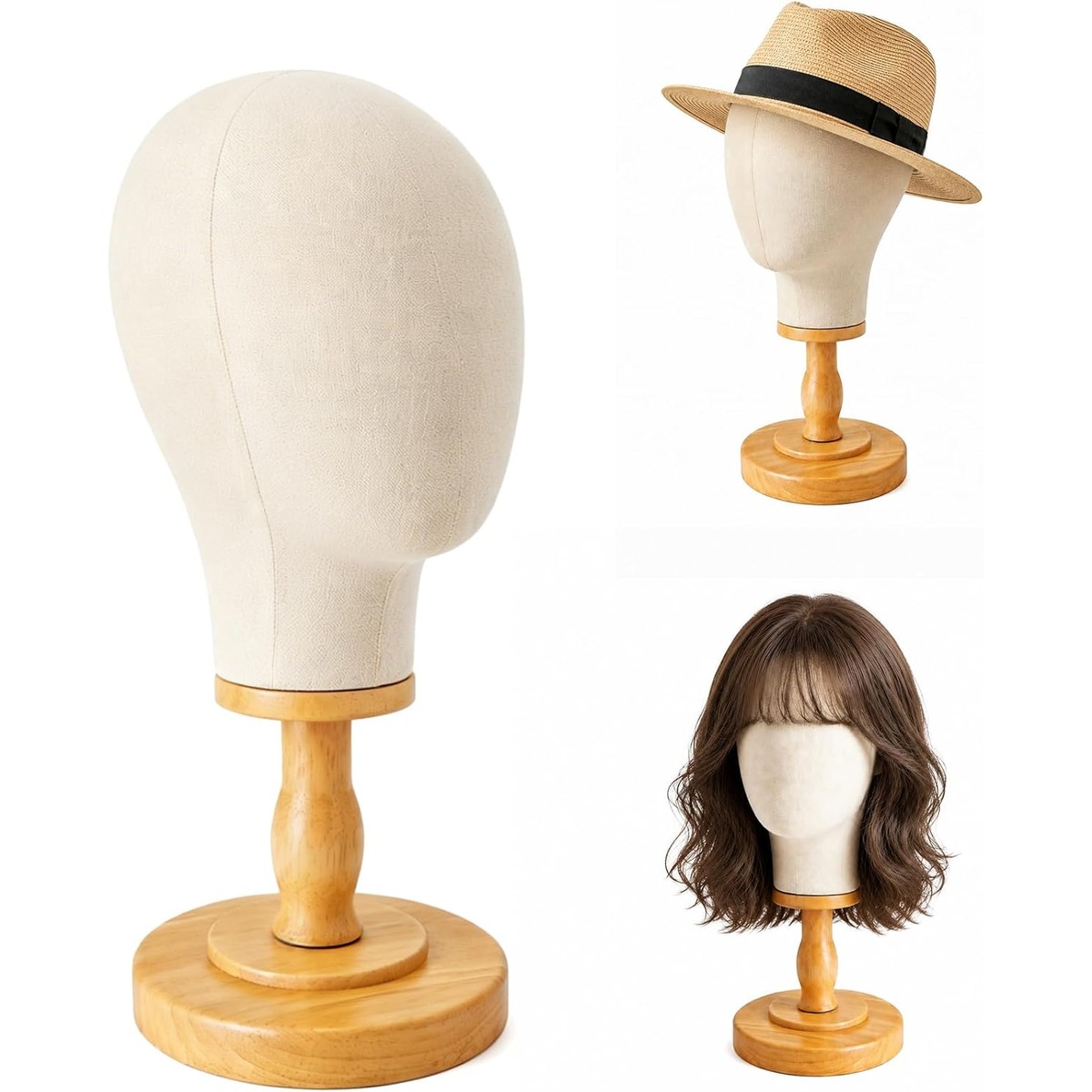 Linen Wig Head Stand, 21 Inch Beige Wood Base – wholesale from RWAVY factory
