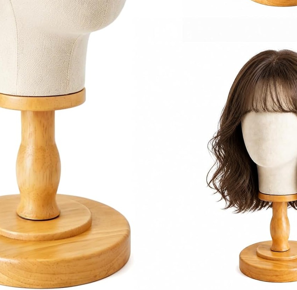 Linen Wig Head Stand, 21 Inch Beige Wood Base – product detail close-up