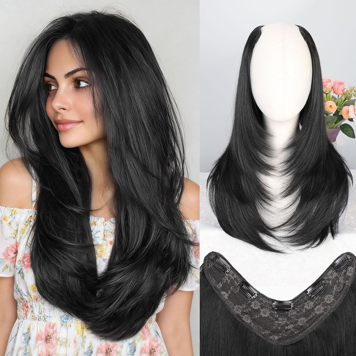 One-Piece Clip In Hair Extensions, 22 Inch Layered – product detail close-up