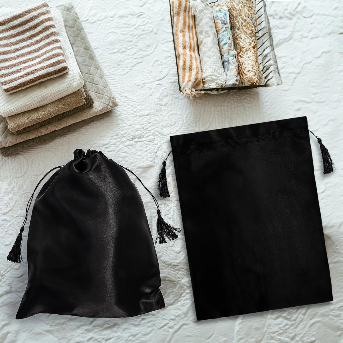 Satin Wig Bag with Drawstring Tassel, Black 12 x 16 Inch – in use / lifestyle view