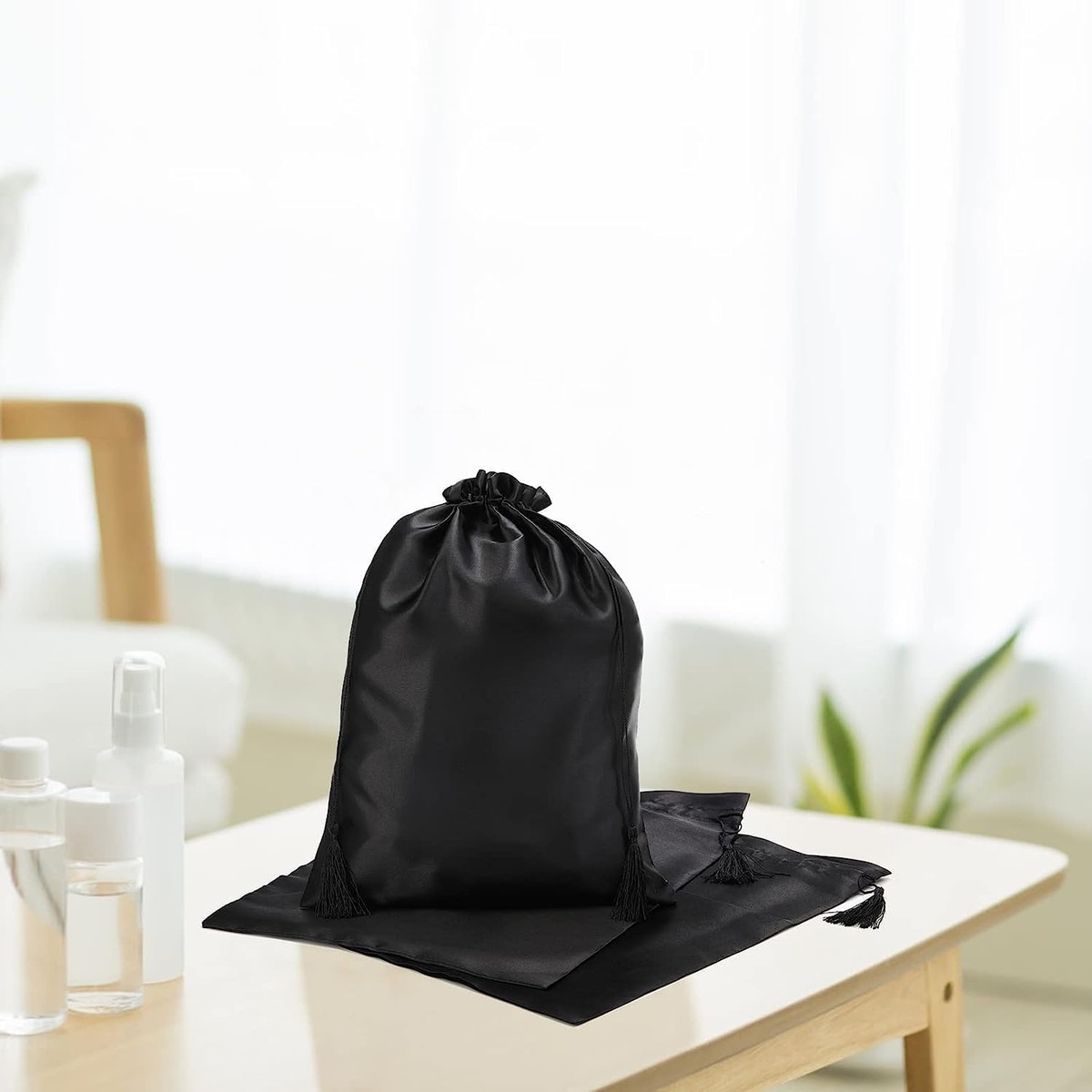 Satin Wig Bag with Drawstring Tassel, Black 12 x 16 Inch – view 5