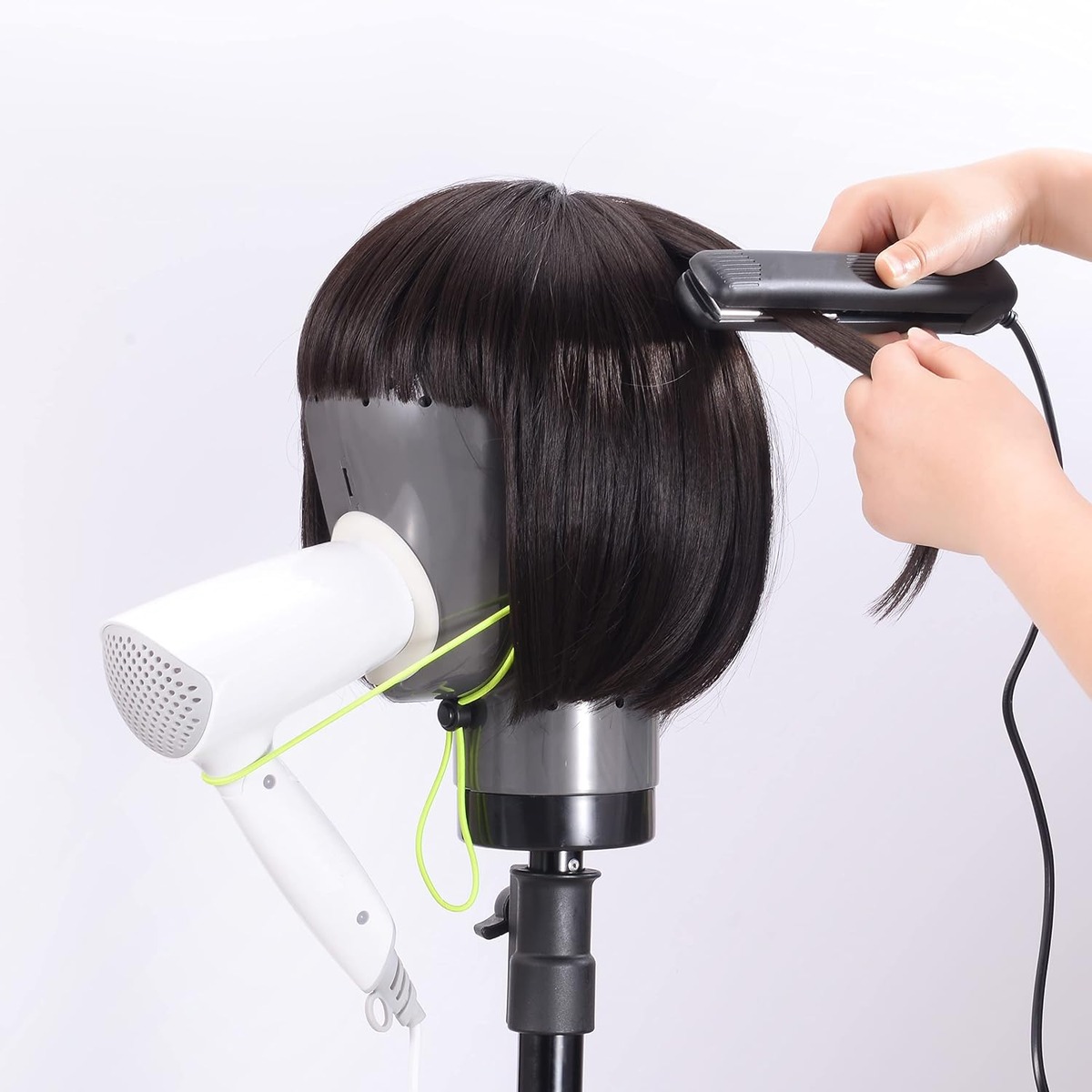Wig Stand with Mannequin & Hair Dryer Attachment – in use / lifestyle view