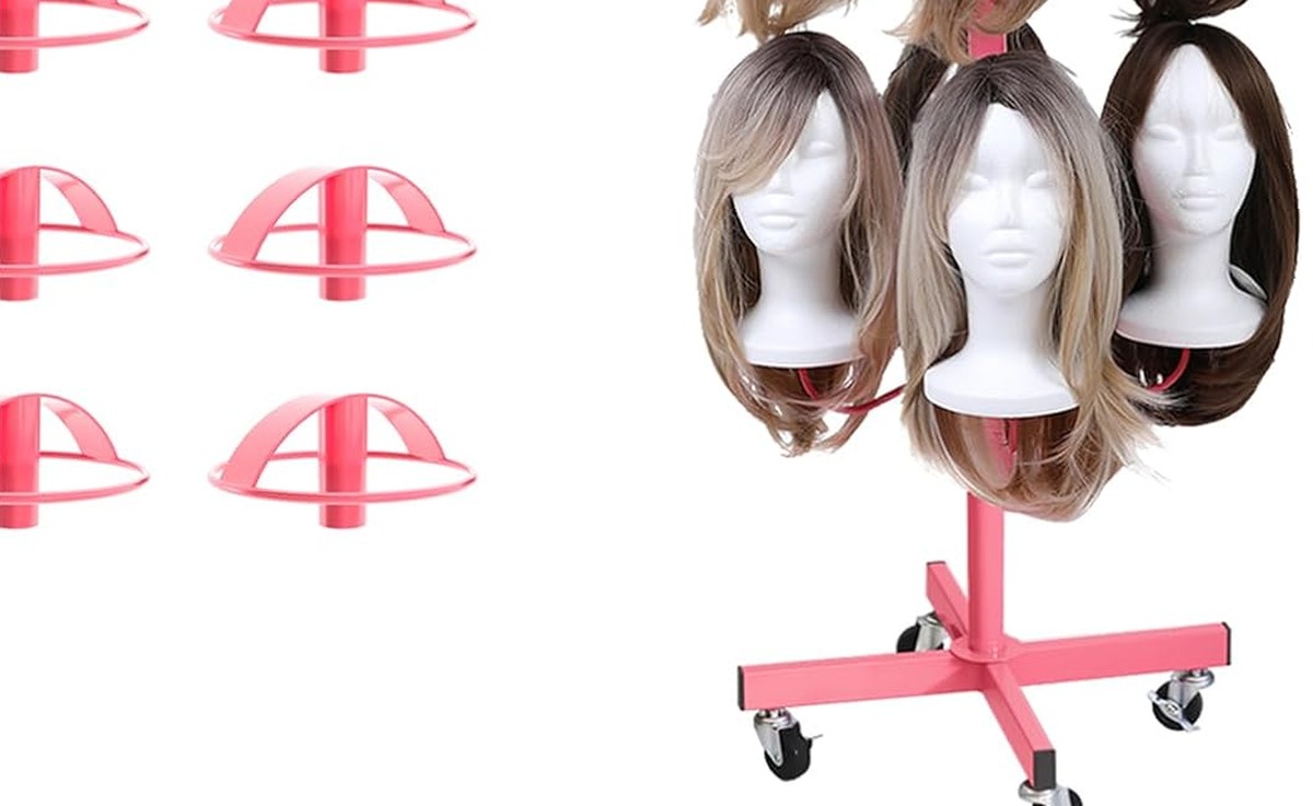 Wig Storage Rack, 12 Heads Pink Metal Stand – product detail close-up