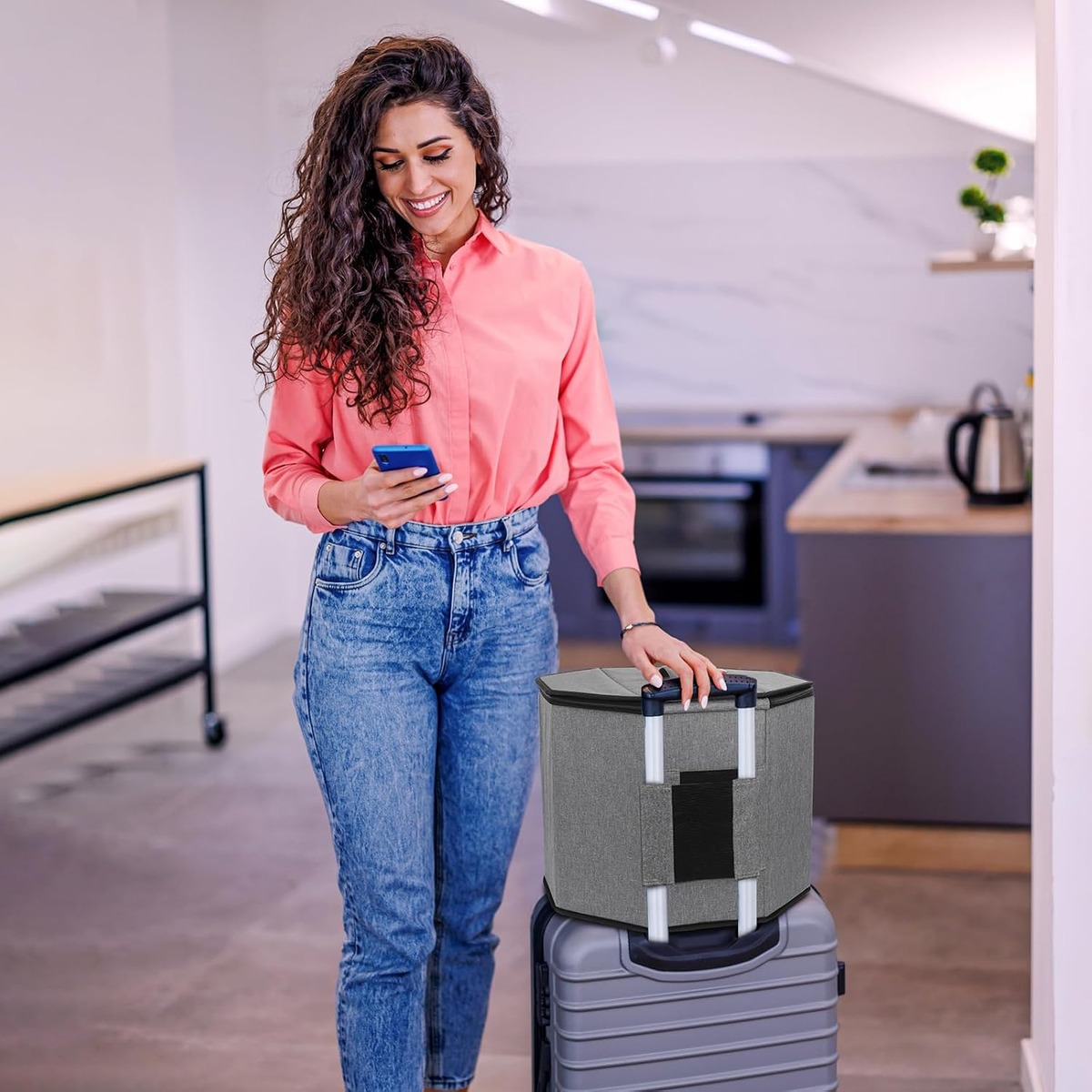 Wig Storage Box with Lid, Foldable 16 x 13 Inch Grey – in use / lifestyle view